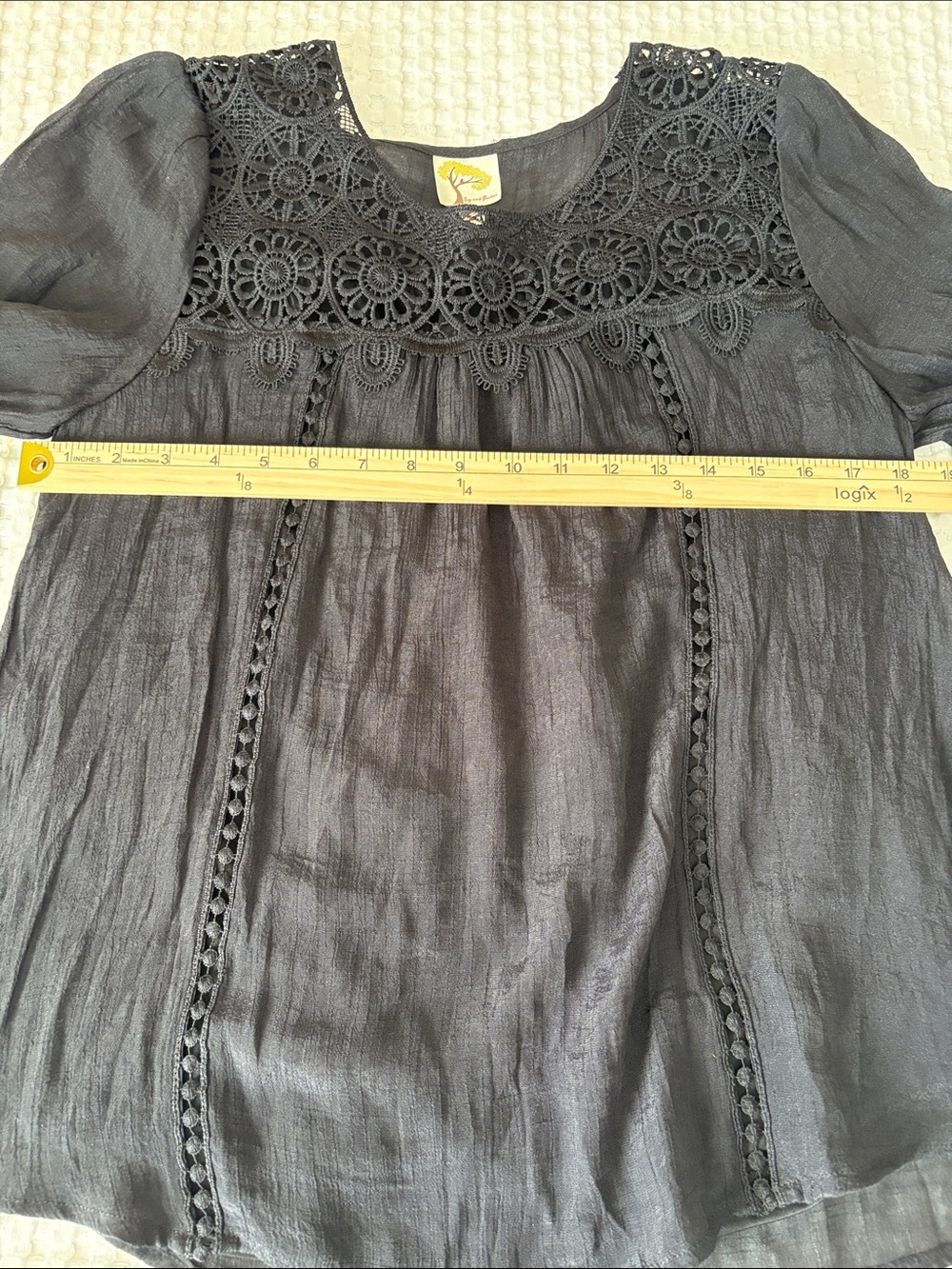 fig and flower Black Lace Yoke Peasant Bohemian Flowy Goth Blouse SZ S - Picture 5 of 7